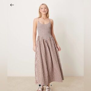 Asos scoop neck crinkle maxi dress gingham chocolate